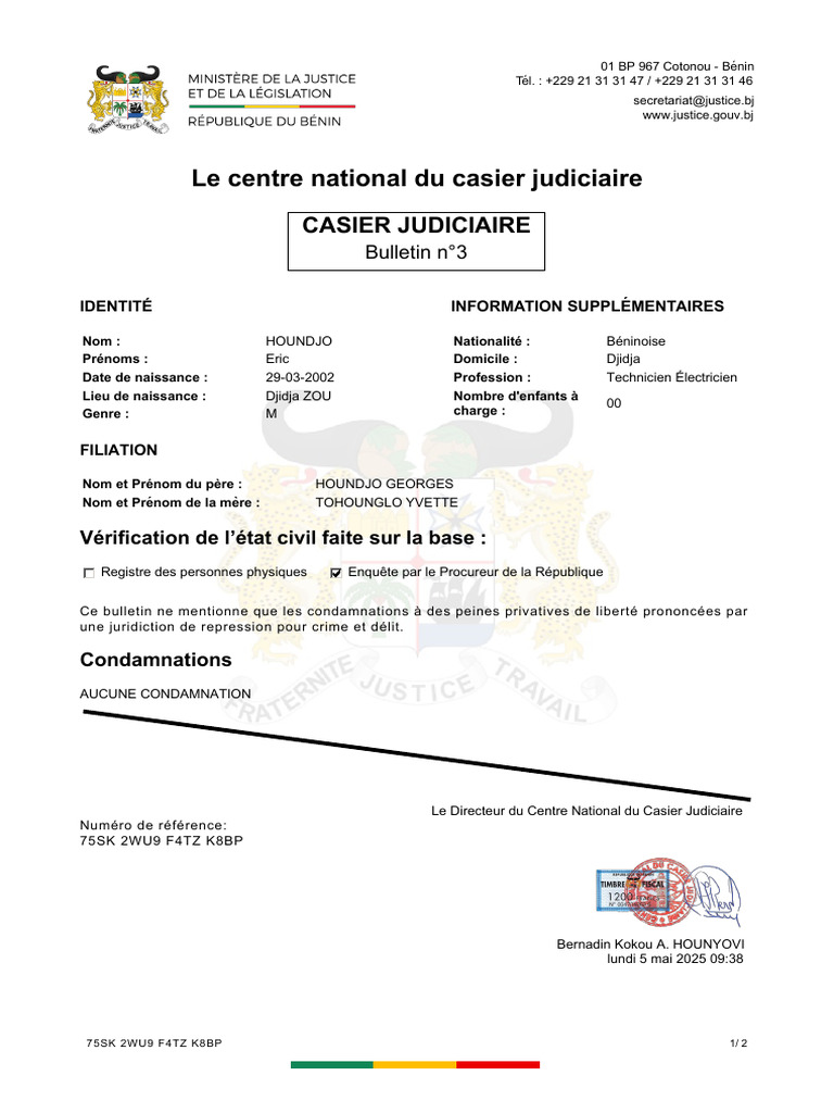 Casier Judiciaire d'Eric Houndjo 2025 | PDF | Justice | Crime et violence