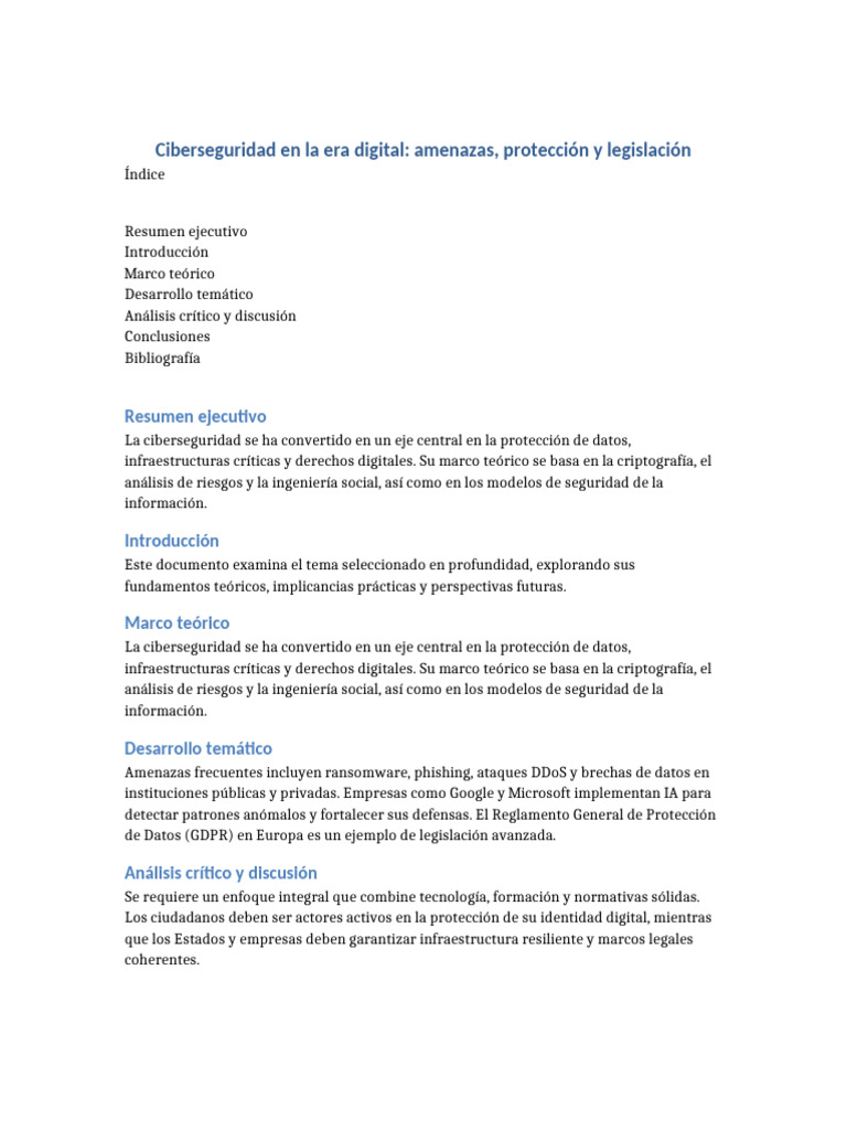 Ciberseguridad en La Era Digital Amenazas, Protección y Legislación | PDF