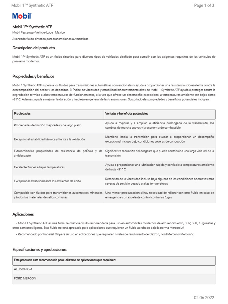 Mobil 1™ ATF: Fluido Sintético Avanzado | PDF | Lubricante | Aceites