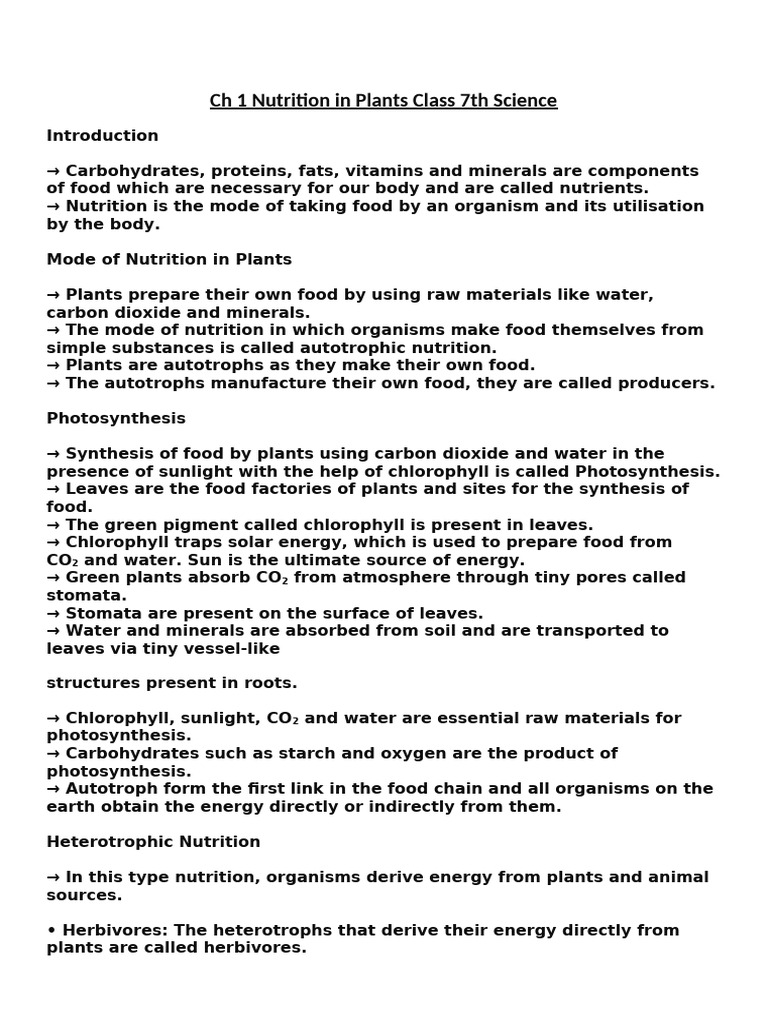 Nutrition in Plants for Class 7 | PDF | Nutrition | Diet & Nutrition