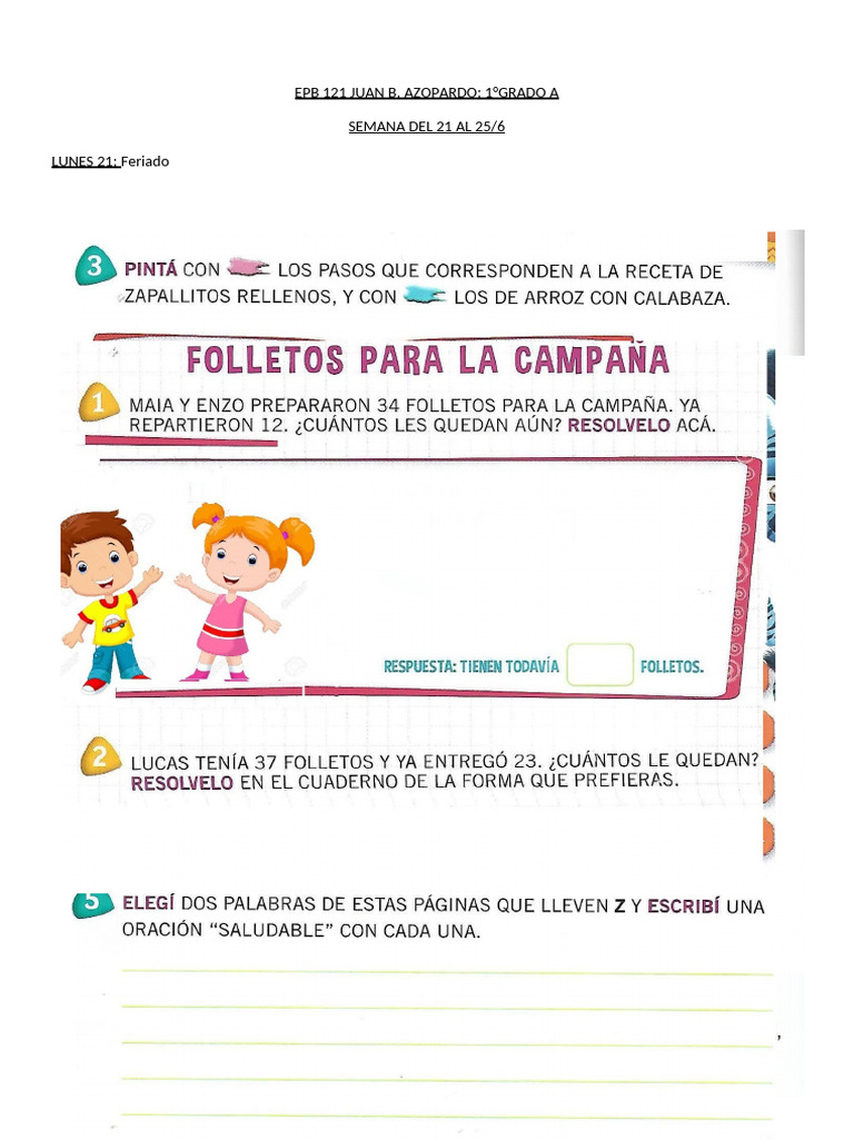 1°grado A Semana Del 21 Al 25 de Junio Actividades de Matemática | PDF