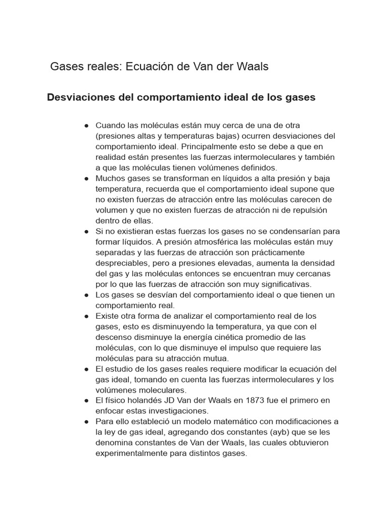 Ecuación de Van der Waals en Gases Reales | PDF | Gases | Moléculas