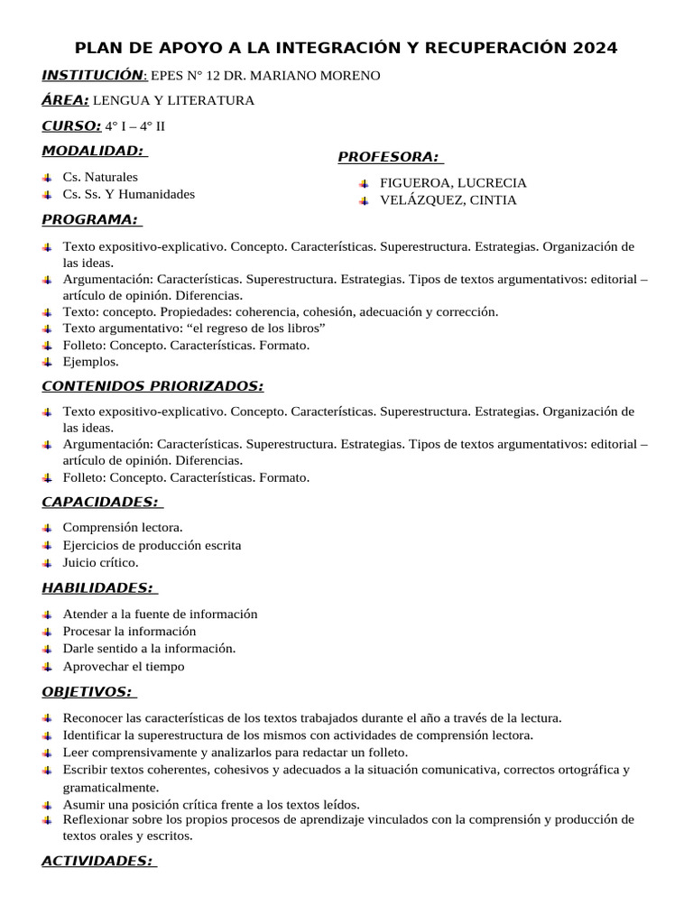 Plan de Apoyo: Textos y Argumentación 2024 | PDF | Comprensión lectora ...