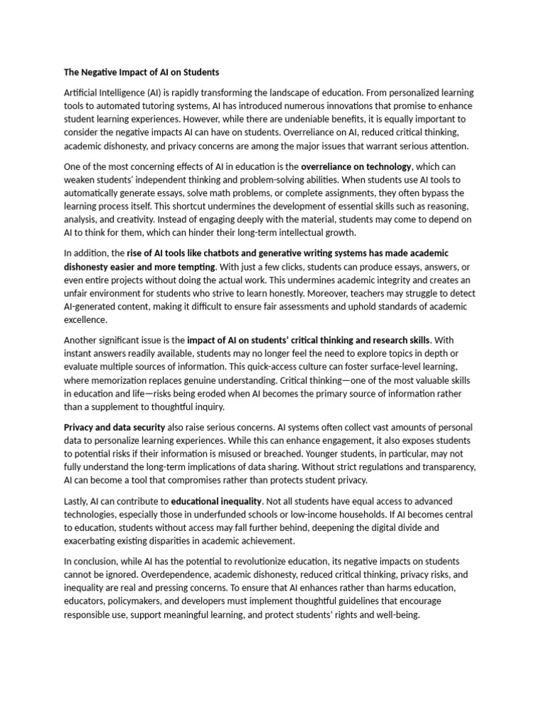 Negative Impacts of AI on Students | PDF | Artificial Intelligence ...