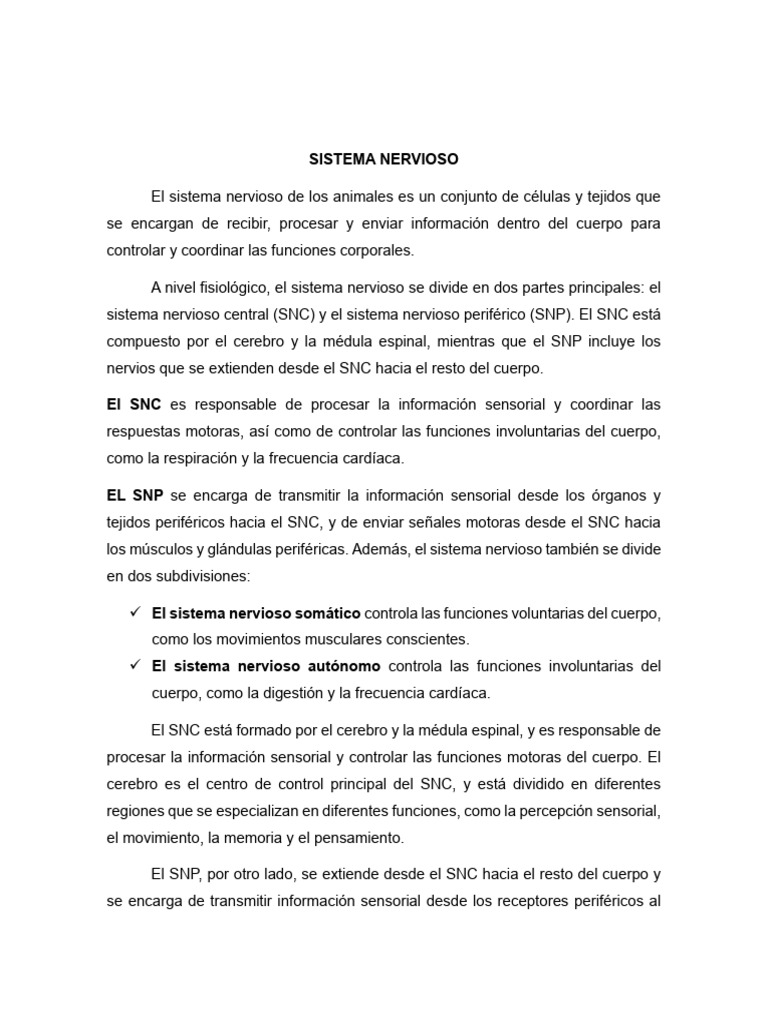 Sistema Nervioso en Animales: Funciones y Enfermedades | PDF | Neurona ...