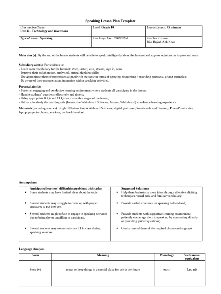 Teaching Practice Demo Speaking Lesson Plan | PDF | Human Communication ...