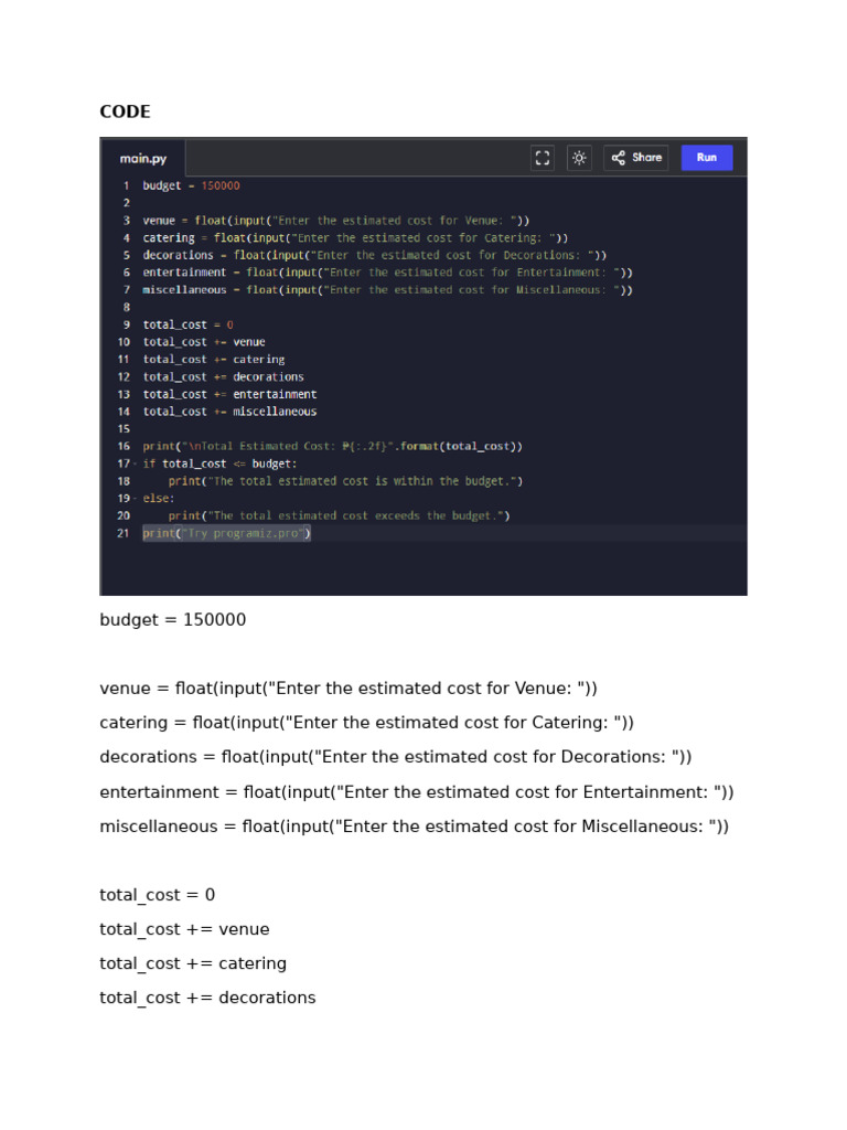 Event Budget Calculator in Python | PDF