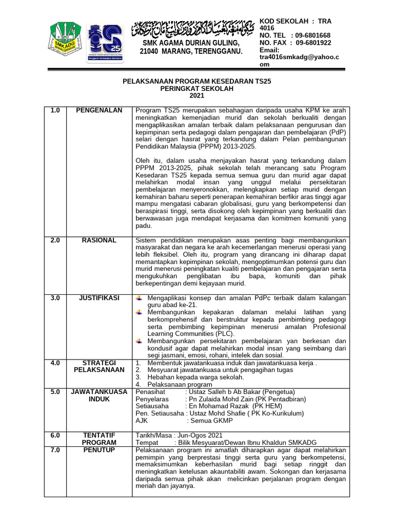 Kertas Kerja Pelaksanaan Program Kesedaran TS25 2021 | PDF