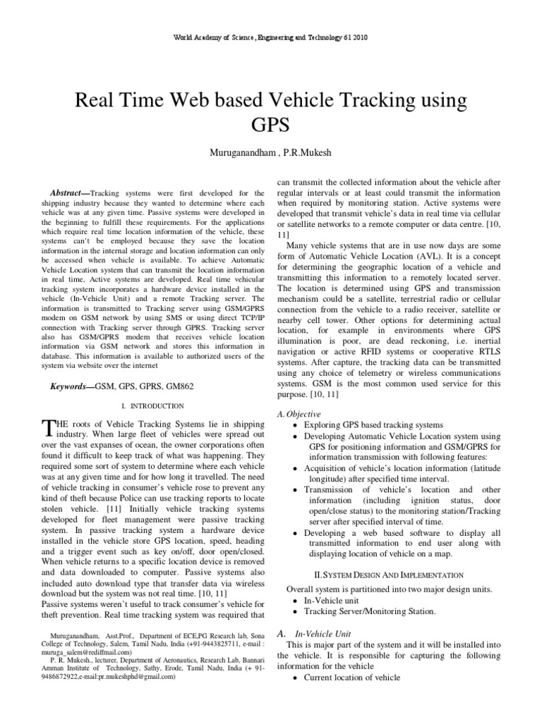 Vehicle Tracking Using Gps and GSM | PDF | Computers | Technology ...