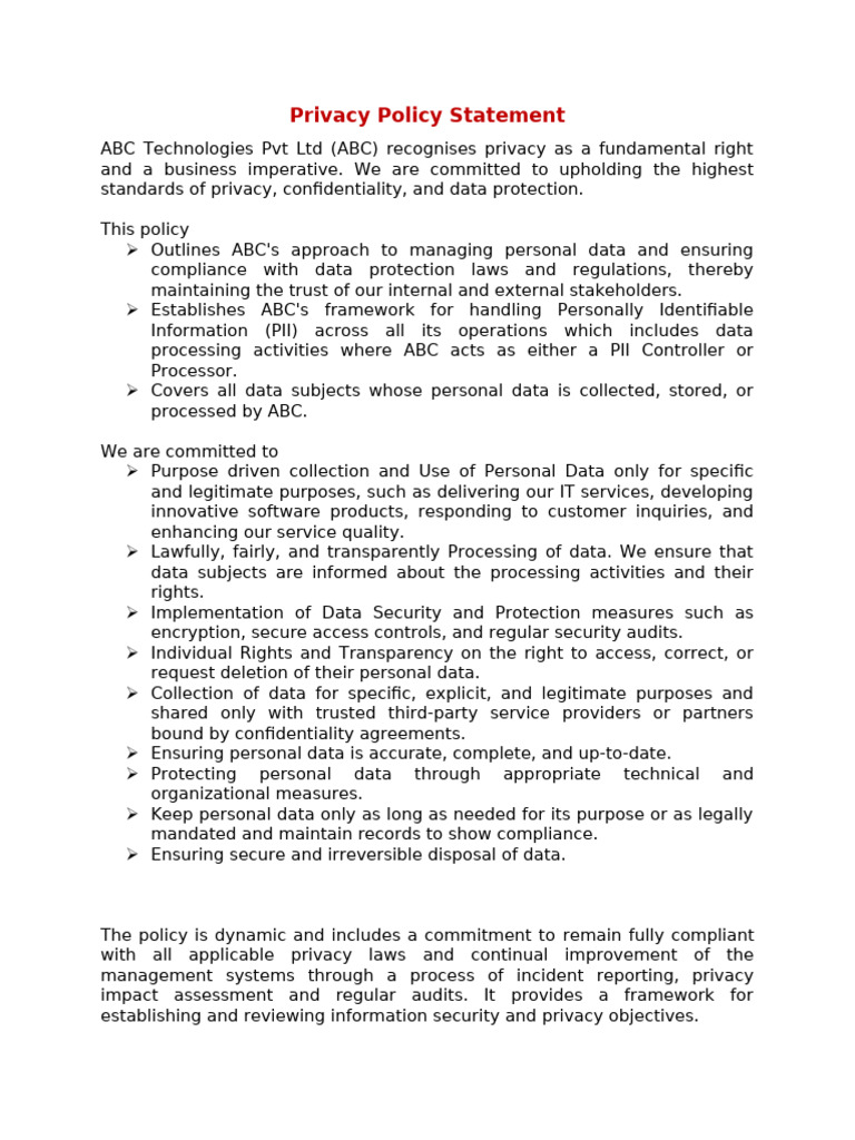 ABC Privacy Policy Overview | PDF | Privacy | Regulatory Compliance