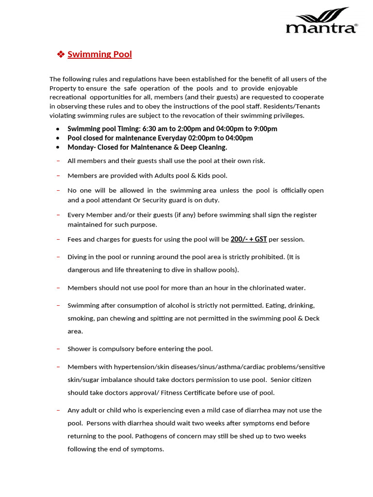Swimming Pool Rules and Regulations | PDF | Diaper | Swimming Pool