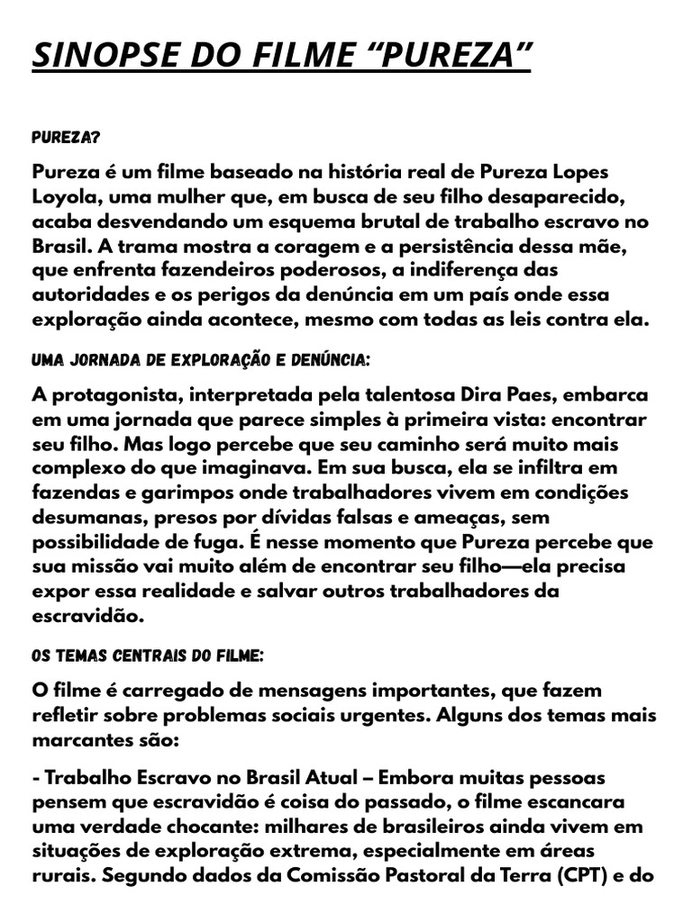 Sinopse do Filme Pureza | PDF | Escravidão | Brasil