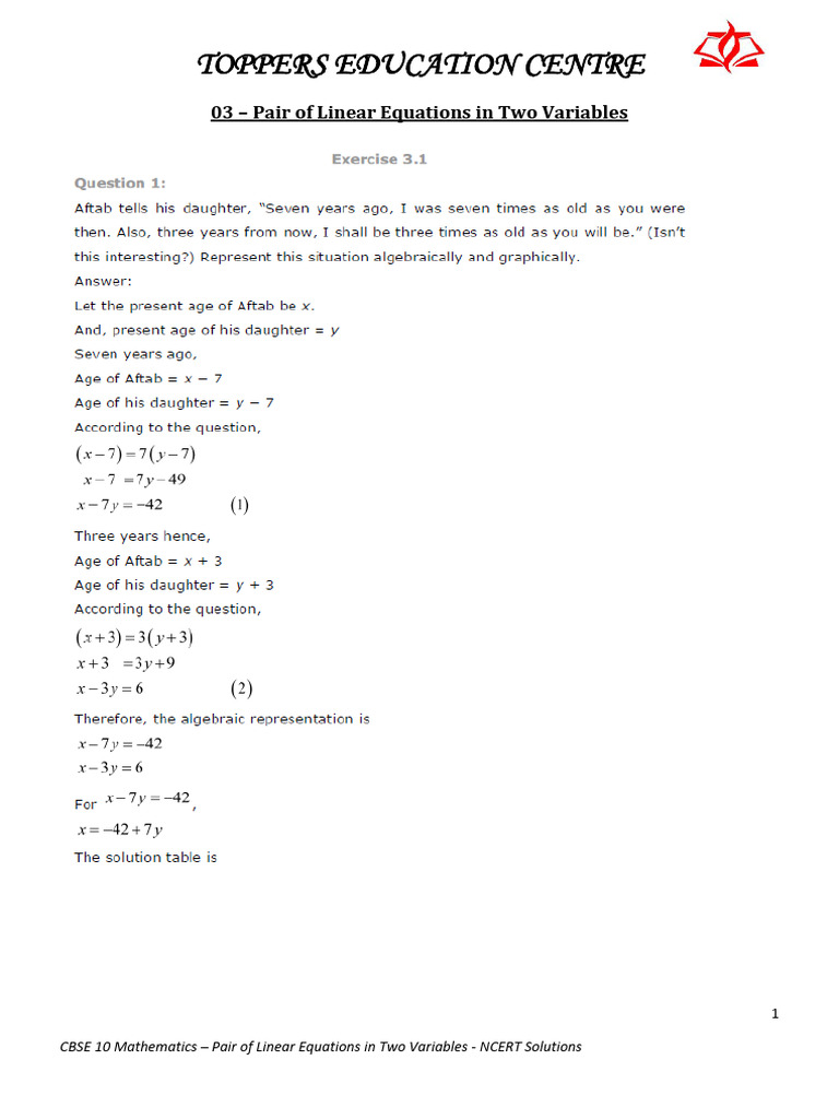CBSE10 NCERT Solutions 03 Pair of Linear Equations in Two Variables ...