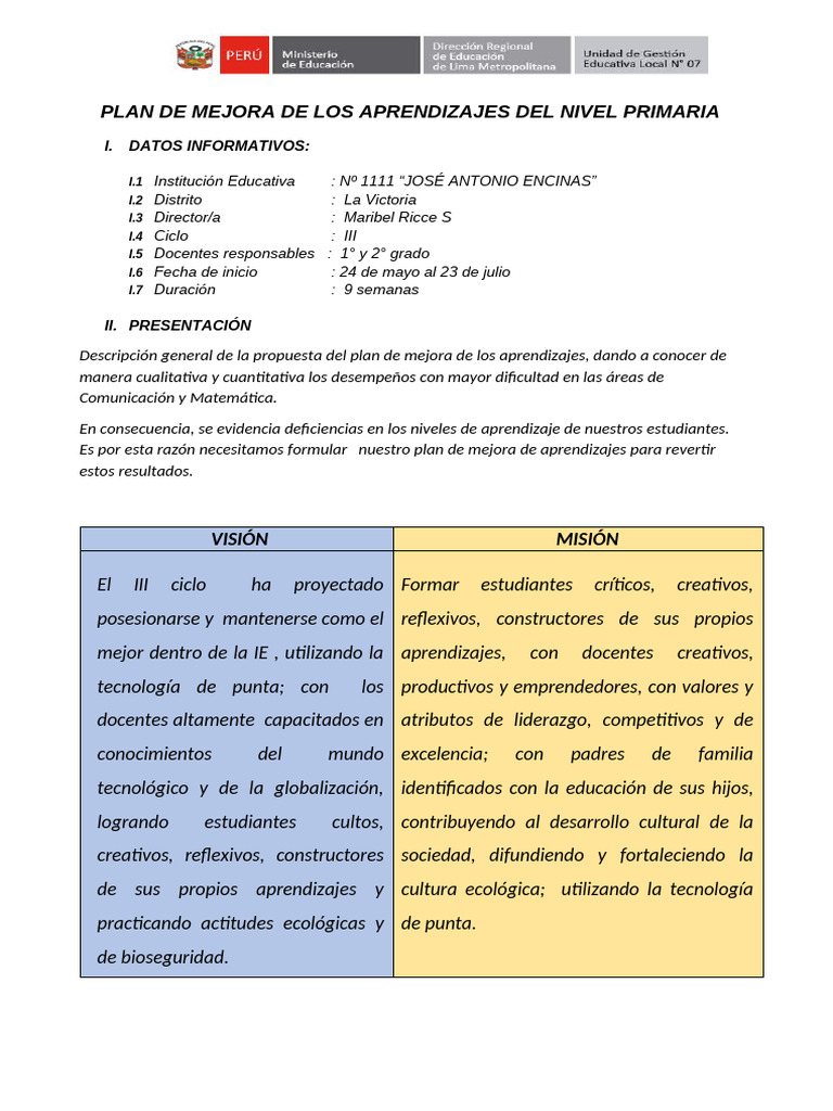 Plan de Mejora para Primer Grado | PDF | Aprendizaje | Salón de clases
