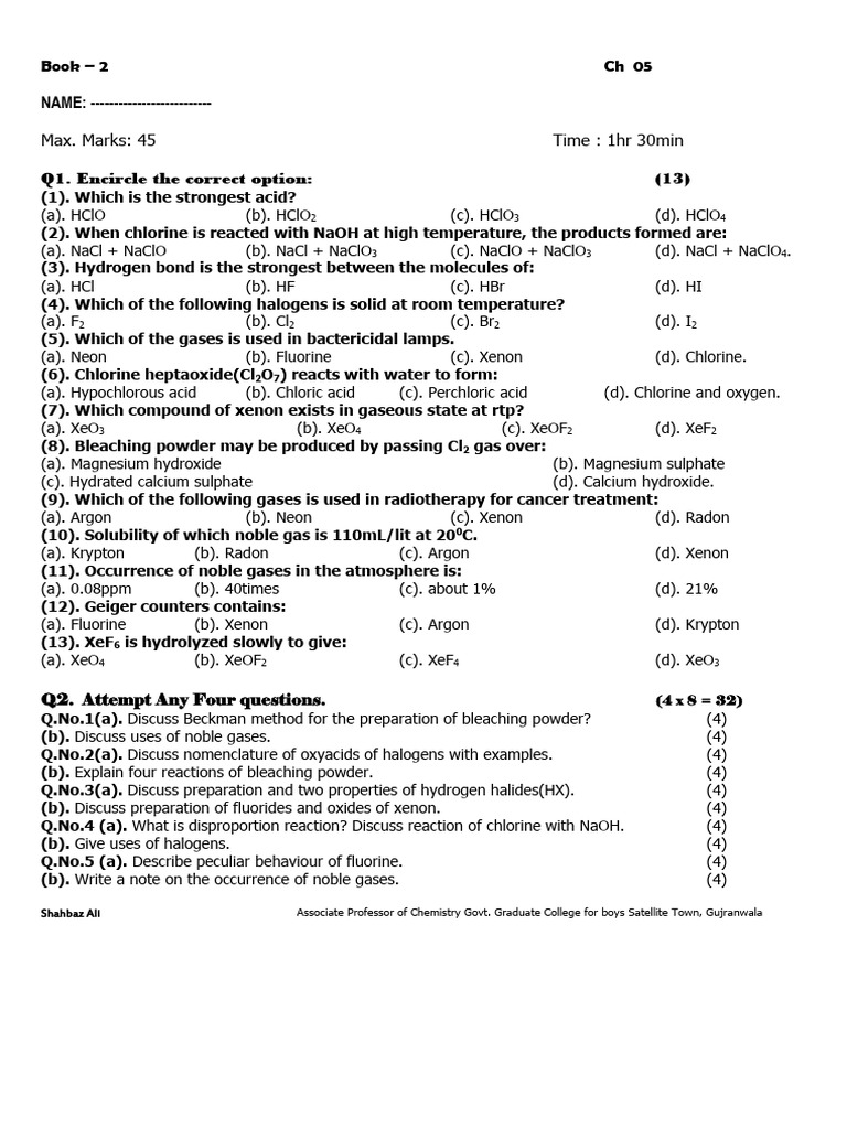 Chapter 05 2023 (45marks) | PDF | Chlorine | Sets Of Chemical Elements