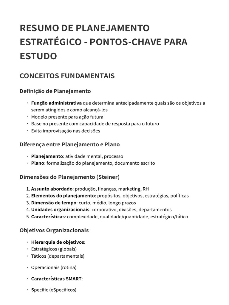 Resumo do Planejamento Estratégico | PDF | Planejamento estratégico ...