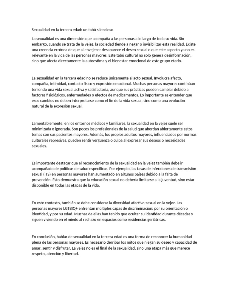 Ensayo Sexualidad en La Tercera Edad - Un Tabu Silencioso | PDF | Vejez ...