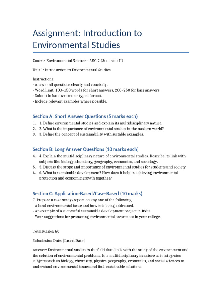Environmental Studies Assignment Guide | PDF | Sustainability ...