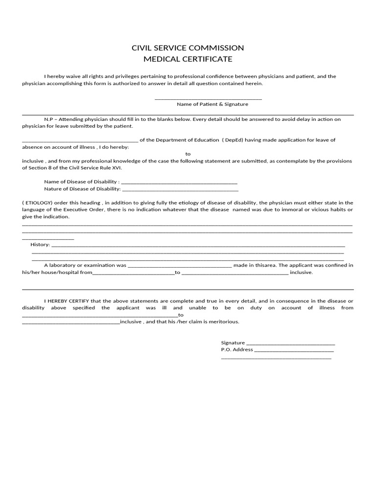 Civil Service Medical Certificate Form | PDF | Physician | Health Sciences