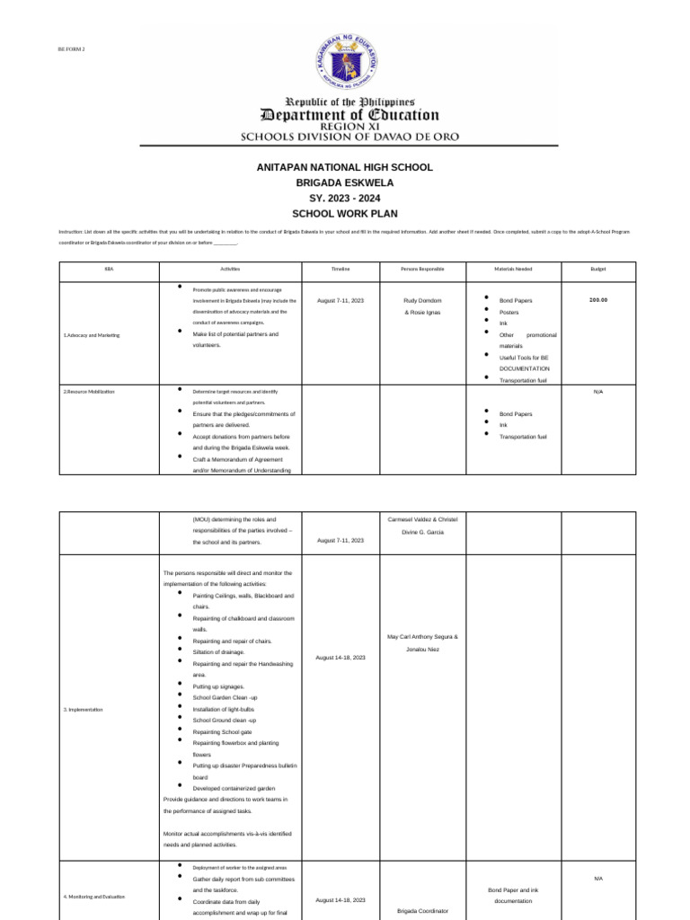 Brigada Eskwela Work Plan 2023-2024 | PDF