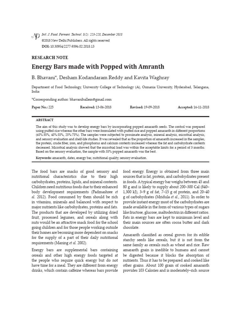 Energy Bars with Popped Amaranth Study | PDF | Food Energy | Cereals