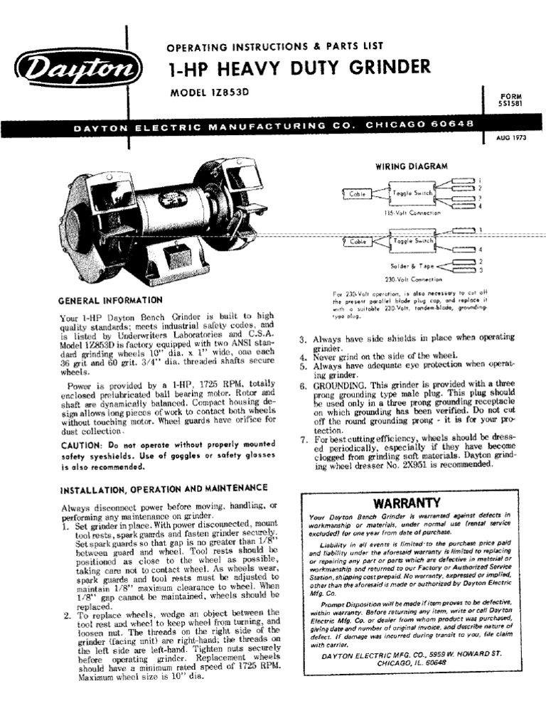 1Z853D - OIPM Dayton 1HP Bench Grinder Manual | PDF
