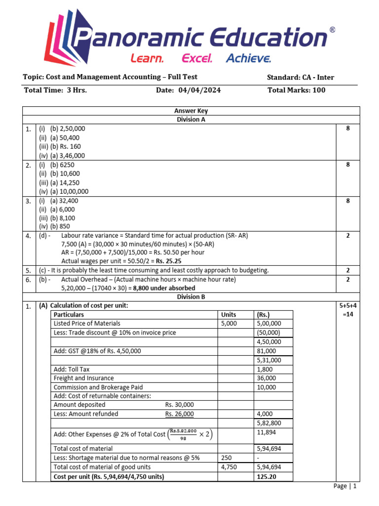 CA Inter May 2024 Costing Answers | PDF | Inventory | Cost