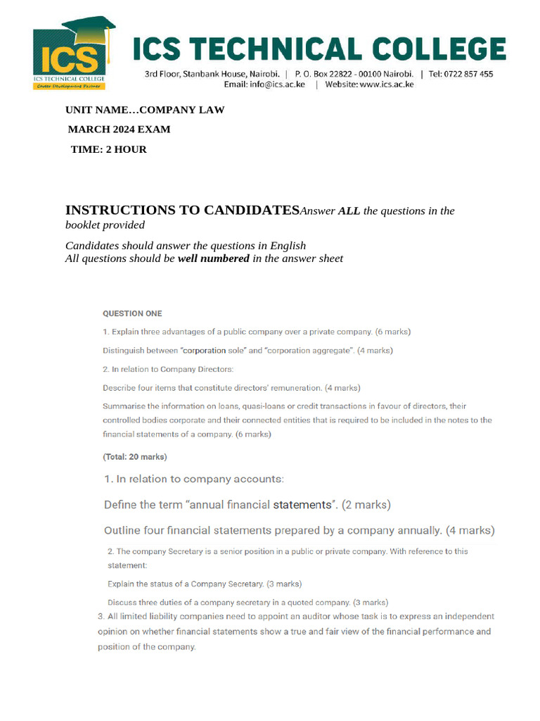 March 2024 Company Law Exam Guide | PDF