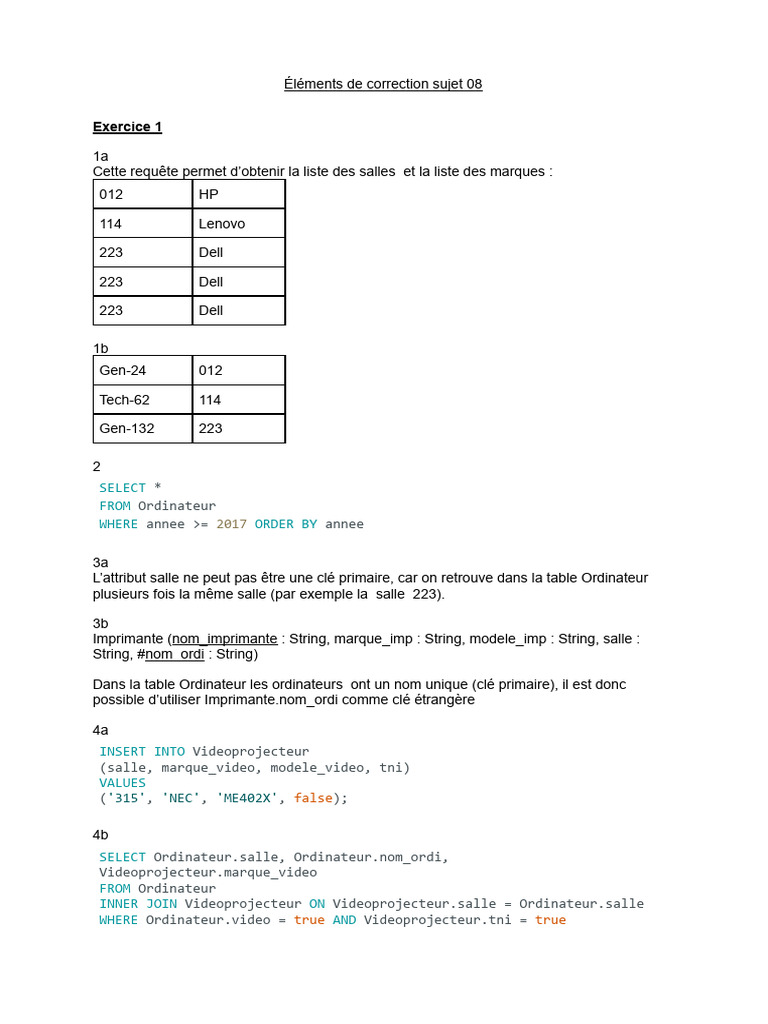 Correction et exercices de SGBD et programmation | PDF | Informatique ...