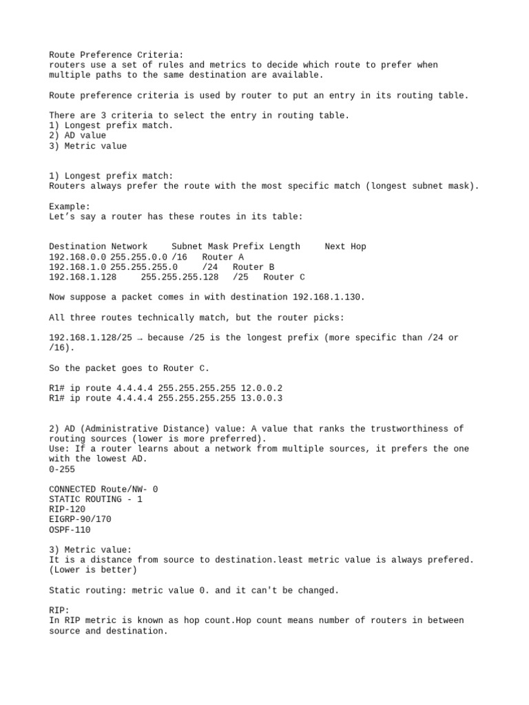Understanding Route Preference Criteria | PDF | Routing | Computer ...