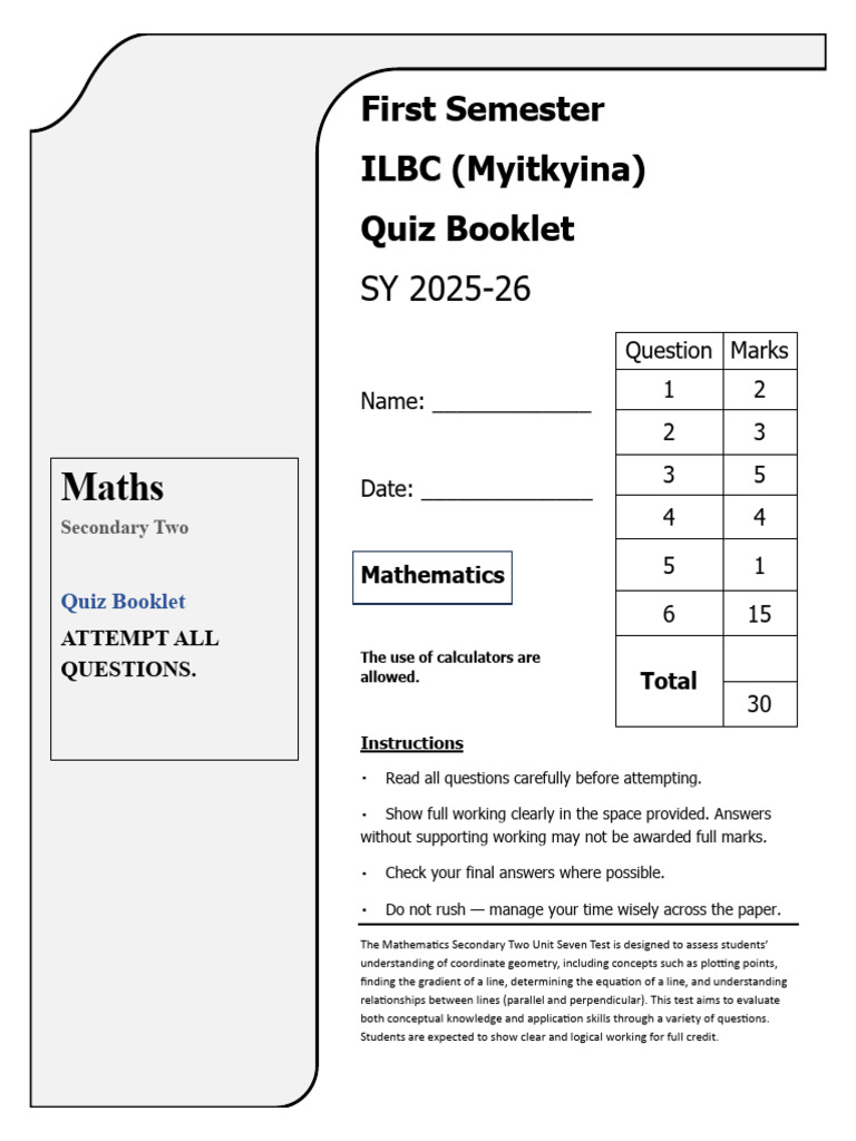 ILBC Myitkyina S2 Math Quiz Booklet | PDF | Mathematics | Analytic Geometry