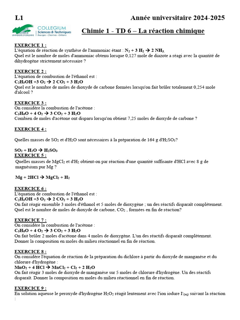 Exercices de chimie sur les réactions chimiques | PDF | La combustion ...