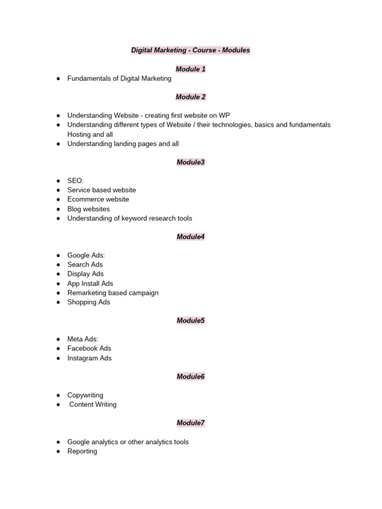 Digital Marketing Course Modules Overview | PDF