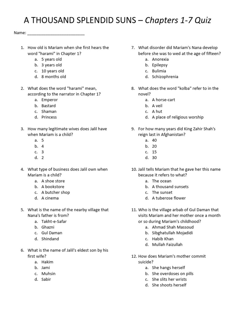 A Thousand Splendid Suns Quiz: Chapters 1-35 | PDF | Ahmad Shah Massoud ...