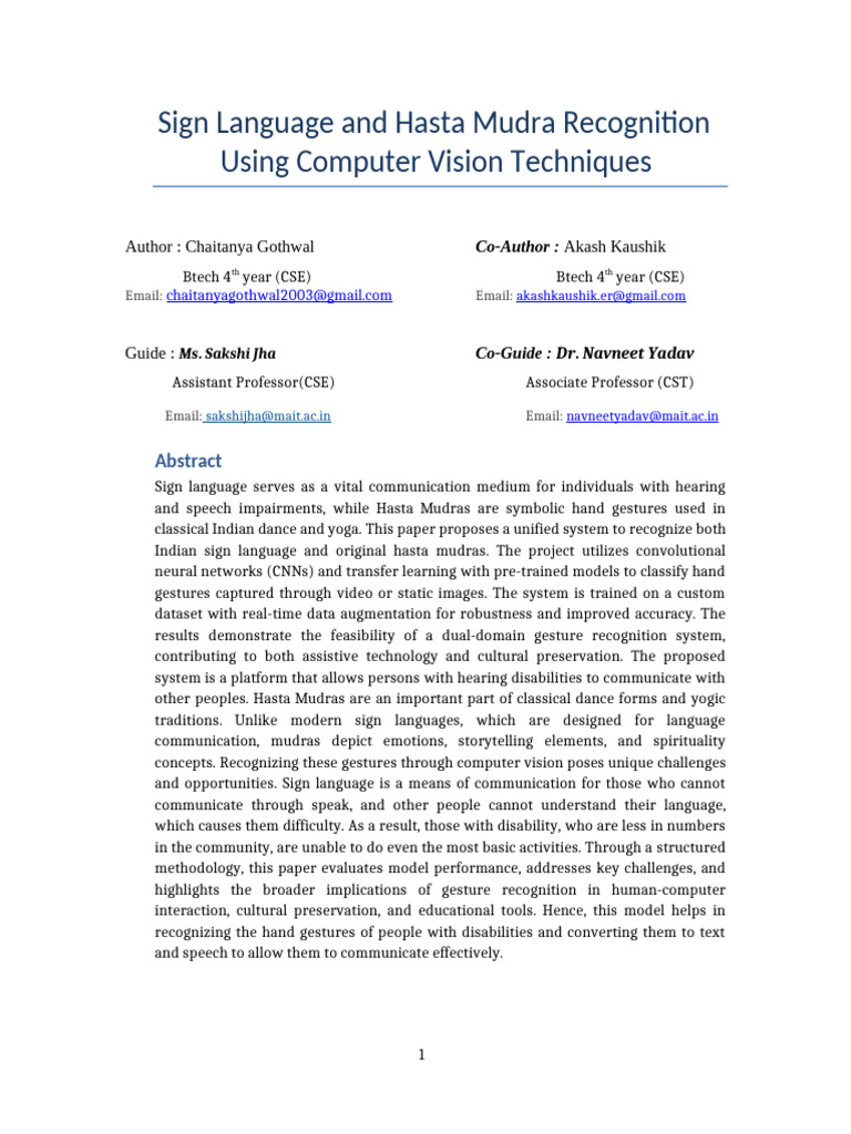 Sign Language and Hasta Mudra Recognition Report | PDF | Deep Learning ...