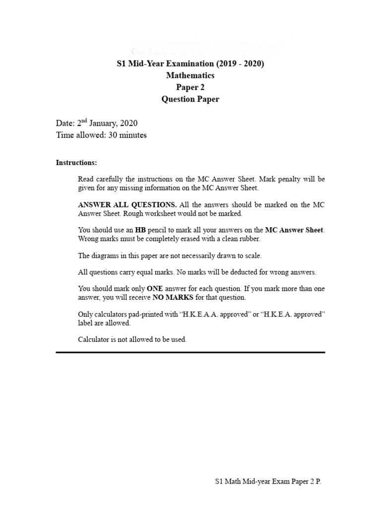 S1 Math Midyr Exam P2 Q - A With Ans | PDF | Mathematics | Tests
