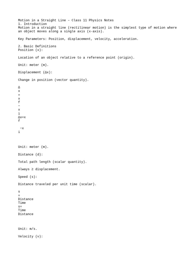 Notes-Motion in A Straight Line | PDF | Velocity | Acceleration