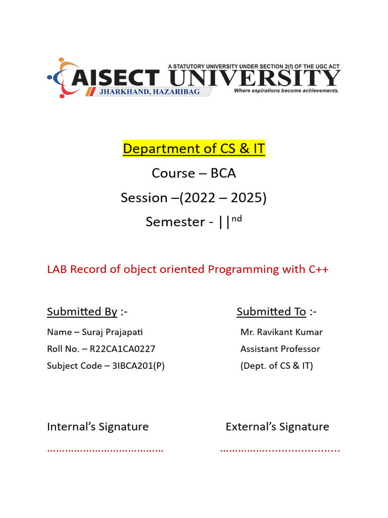 BCA OOP Lab Record: C++ Programming | PDF