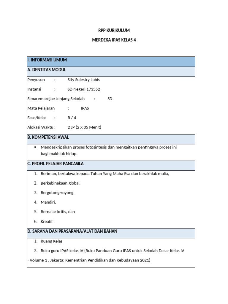 RPP IPAS Kelas 4: Pembelajaran Fotosintesis | PDF