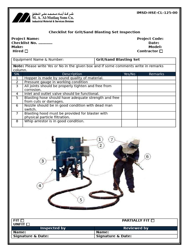 Sand Blasting Equipment Inspection Checklist | PDF
