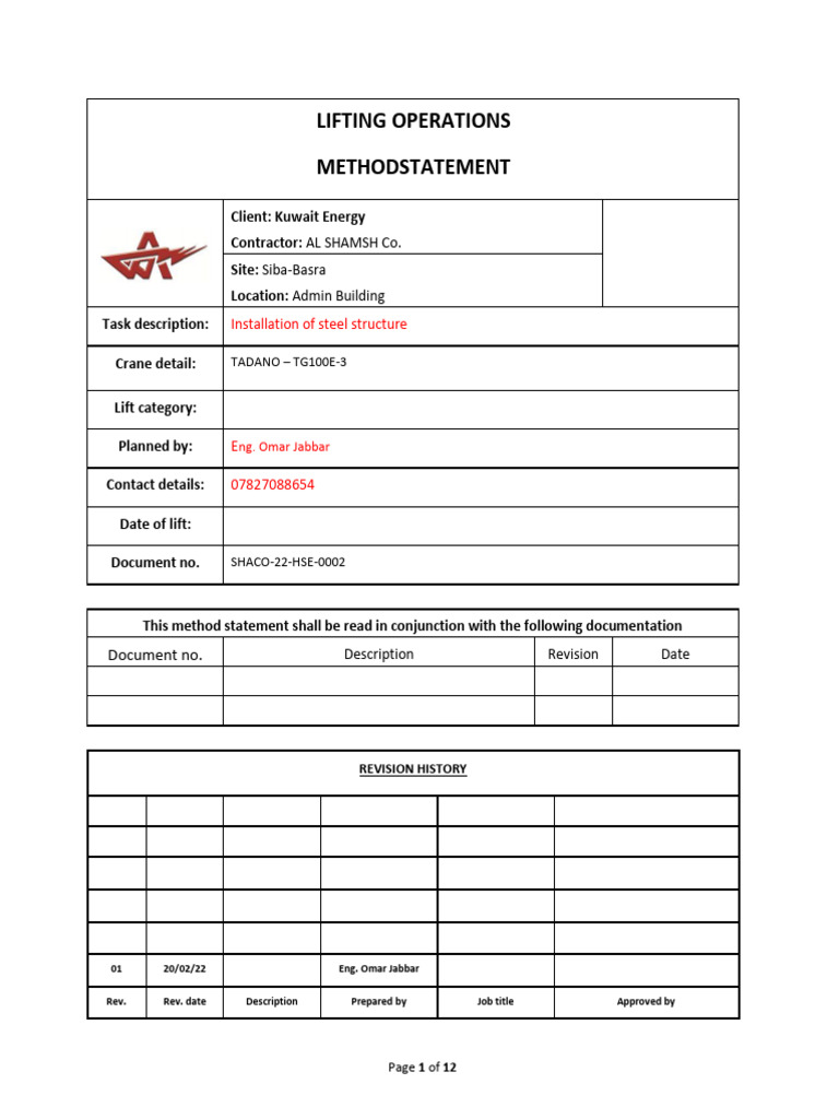 Lifting Operations Method Statement | PDF | Crane (Machine ...