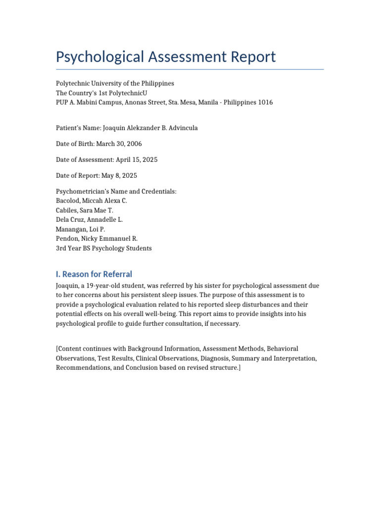 Revised Psych Assessment Report Joaquin Advincula | PDF