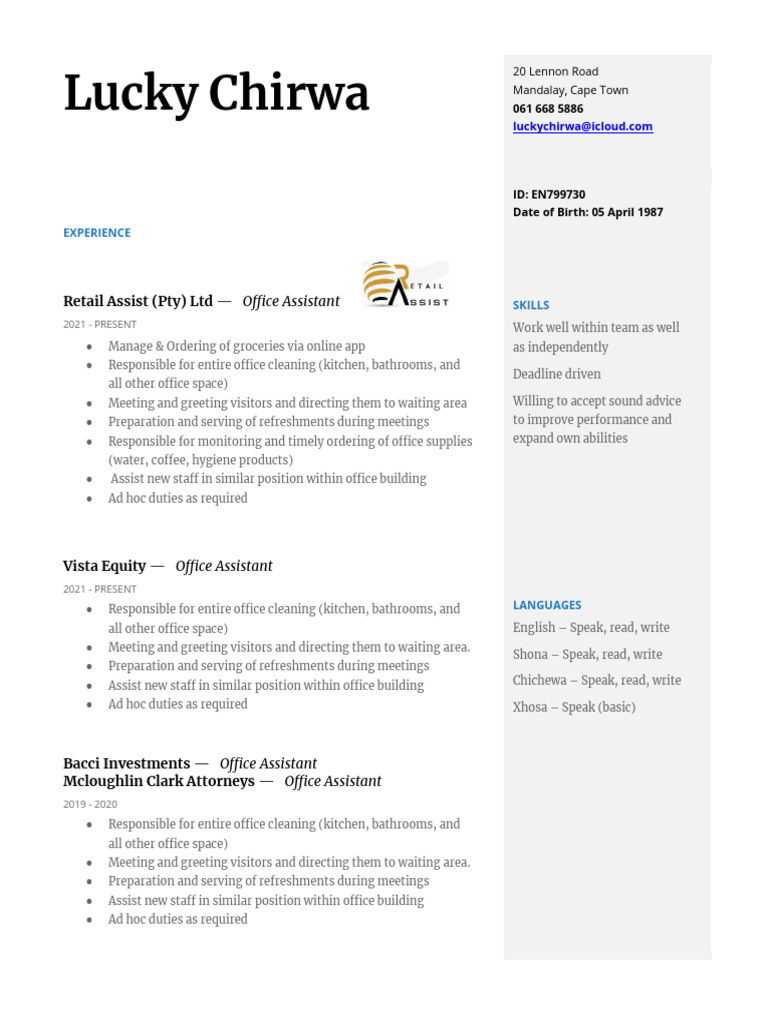 CV - Lucky Chirwa | PDF