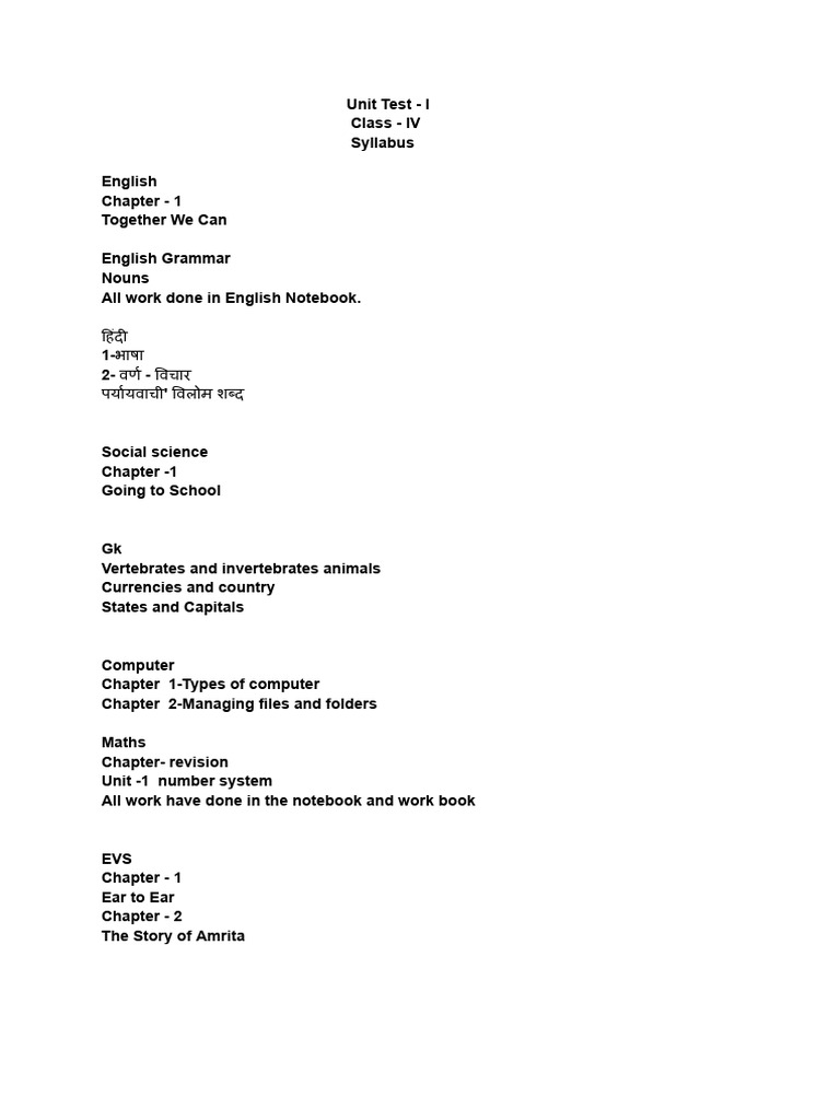 4th Class Unit Test Syllabus | PDF