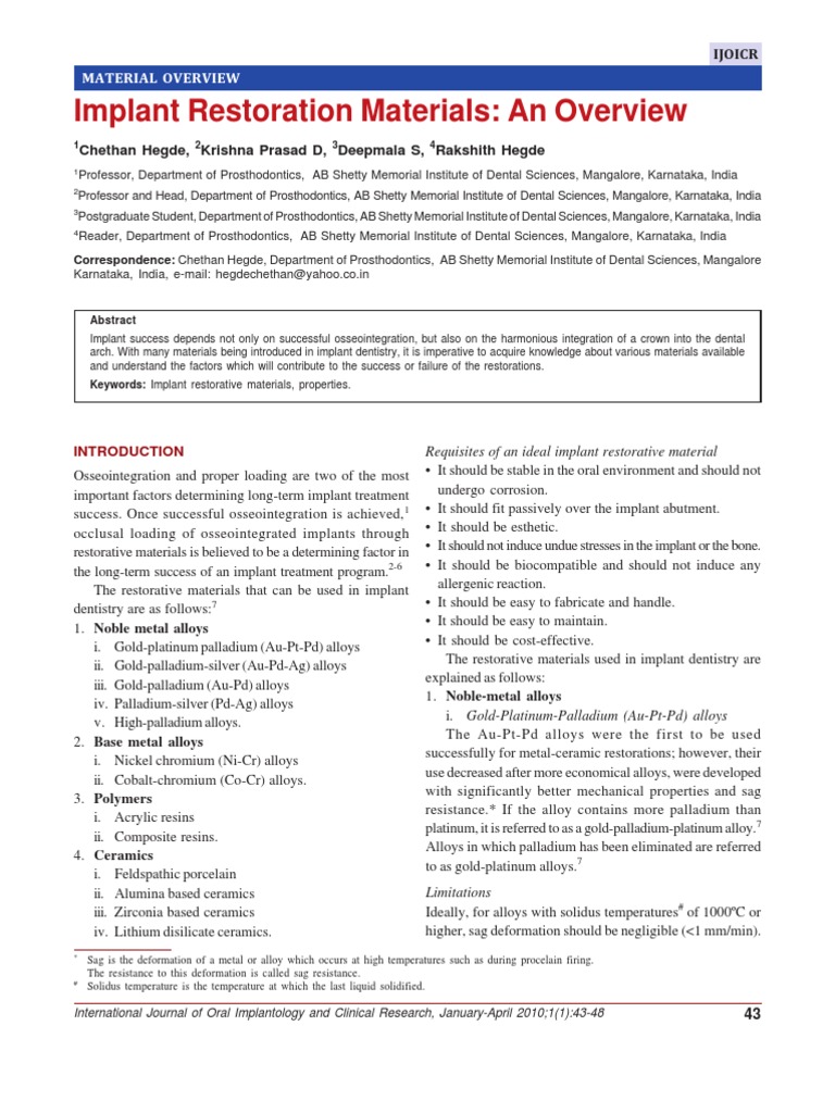 Implant Restoration Materials An Overview PDF Dental Composite