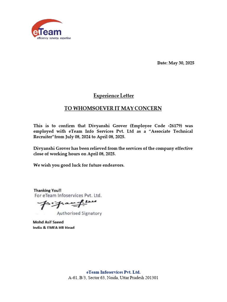 Experience & Relieving Letter - Divyanshi Grover | PDF