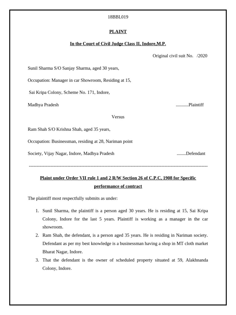 Indore Civil Suit for Property Transfer | PDF | Lawsuit | Affidavit