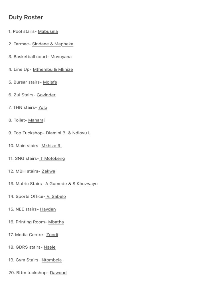Duty Roster for Facility Management | PDF
