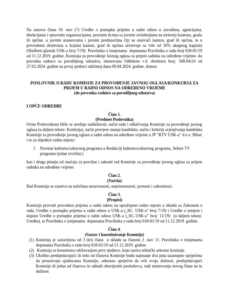 Poslovnik o Radu Komisije Za Prijem Radnika - Novinar KZP | PDF