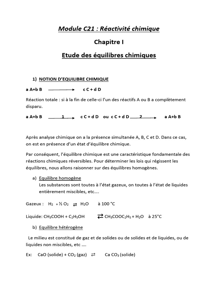 Équilibres chimiques et facteurs influents | PDF | Équilibre chimique ...